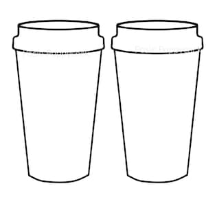 May include: Two white to-go coffee cups with black outlines. Each cup has a lid and a tapered shape. The text "Posie Poppycock" is printed on the side of each cup.