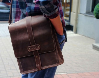 Crossbody Satchel Bag for Men/French Roast Dark Coffee Brown Genuine Leather/Messenger Bag/Computer Case / Free Personalization