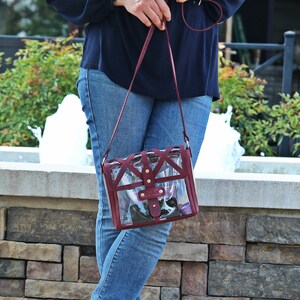 Sac à bandoulière en cuir de Bourgogne - Sac de stade transparent - Sac à main de jour - Sac à main transparent - Personnalisation gratuite - Cadeau pour elle