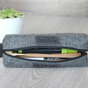 Felt Pencil Case /Gray Pen Holder / Small Cosmetic Bag/ Crayon Holder/ Cognac Leather and Gray Felt / Students gift / Free Personalization image 4