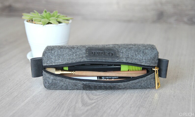 Felt Pencil Case /Gray Pen Holder / Small Cosmetic Bag/ Crayon Holder/ Cognac Leather and Gray Felt / Students gift / Free Personalization image 4