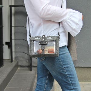 Clear stadium bag - Grey felt & Leather crossbody bag - Clear purse - Clear consert bag-  Gift for Her - Made in USA- Free Personalization