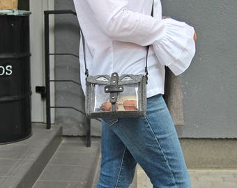 Clear stadium bag - Grey felt & Leather crossbody bag - Clear purse - Clear consert bag-  Gift for Her - Made in USA- Free Personalization