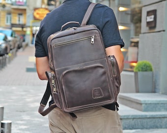 Leather Backpack Men-Waxed Leather Backpack-Coffee Brown Leather Laptop backpack - Leather Rucksack- Gift for Him -Free Personalization