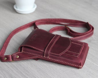 Leather phone case -iPhone/ Crossbody Leather wallet - iPhone wallet with neck strap - Free Personalization