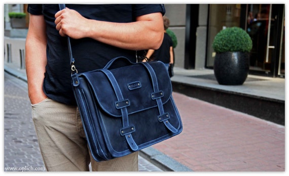 mens blue leather messenger bag
