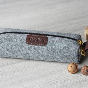 Felt Pencil Case /Gray Pen Holder / Small Cosmetic Bag/ Crayon Holder/ Cognac Leather and Gray Felt / Students gift / Free Personalization image 7