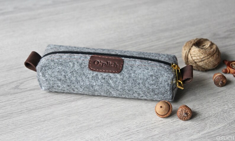 Felt Pencil Case /Gray Pen Holder / Small Cosmetic Bag/ Crayon Holder/ Cognac Leather and Gray Felt / Students gift / Free Personalization image 7