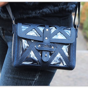 Clear stadium bag /Cross Body Small Purse Leather/Blue Leather Crossbody Bag/Clear  bag / Gift for her /Free Personalization