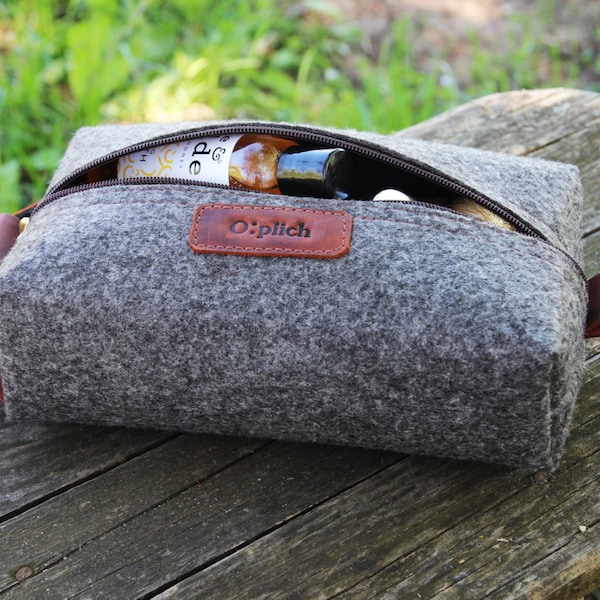 Wedding Gift / Cosmetic Bag/Felt & Waxed Leather Toiletry Bag/Cognac Leather and Grey Felt Dopp Kit for Men or Women / Free  Personalization