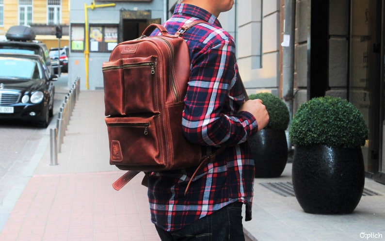 Mochila de piel encerada / Mochila para portátil COGNAC para hombre / Mochila de piel marrón para hombre y mujer / Mochila de piel / Personalización gratuita imagen 2