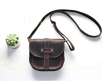 Leather Saddle bag- Waxed leather crossbody bag -Cognac brown leather crossbody bag -Tablet bag -  Gift for Her