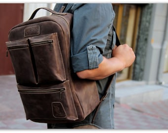 Waxed Leather Backpack/Coffee Brown Leather Backpack Men /Laptop backpack for Men/Christmas Gift for Him/ Made in USA / FREE Personalization