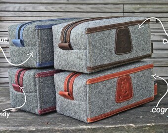 Groomsmen Gift Bag / Felt & Leather Men's Toiletry Bag /Dopp Kit for Men / Mens Shaving Bag / Gift for Him / Free Personalization