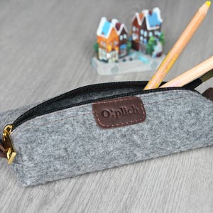 Felt Pencil Case /Gray Pen Holder / Small Cosmetic Bag/ Crayon Holder/ Cognac Leather and Gray Felt / Students gift / Free Personalization image 6