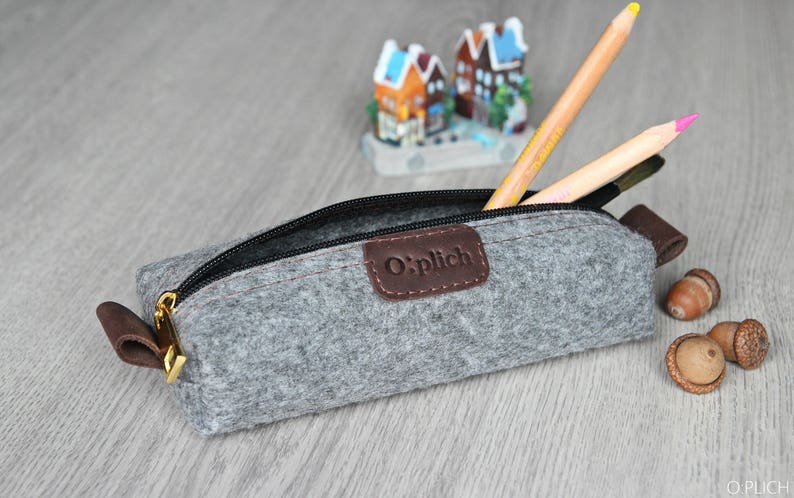 Felt Pencil Case /Gray Pen Holder / Small Cosmetic Bag/ Crayon Holder/ Cognac Leather and Gray Felt / Students gift / Free Personalization image 6