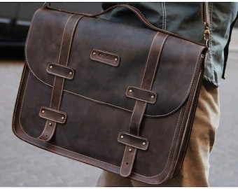 Leather Messenger Bag/DARK COFFEE large computer case/Leather briefcase messenger bag / Gift for him /Free Personalization