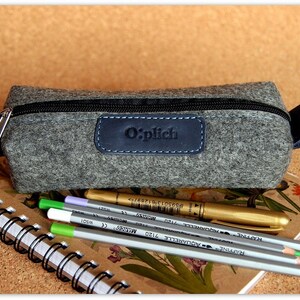 Felt Pencil Case /Gray Pen Holder / Small Cosmetic Bag/ Crayon Holder/ Cognac Leather and Gray Felt / Students gift / Free Personalization image 5