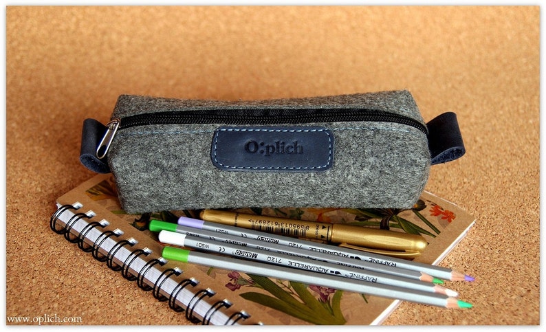 Felt Pencil Case /Gray Pen Holder / Small Cosmetic Bag/ Crayon Holder/ Cognac Leather and Gray Felt / Students gift / Free Personalization image 5