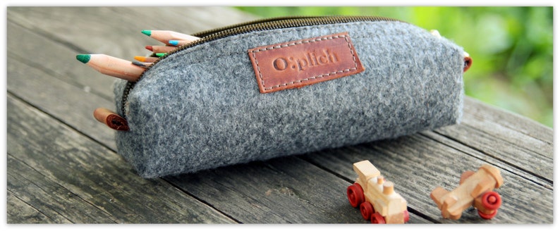 Felt Pencil Case /Gray Pen Holder / Small Cosmetic Bag/ Crayon Holder/ Cognac Leather and Gray Felt / Students gift / Free Personalization image 1