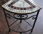 Triangular Corner Mosaic Table Plant Stand With Broken Vintage China Top