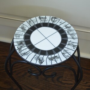 Round Black Metal Plant Stand Table With Mosaic Broken China Top Featuring Winnie The Pooh