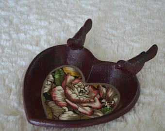 Mosaic Rustic Red Heart Shaped Cast Metal Dish With Birds