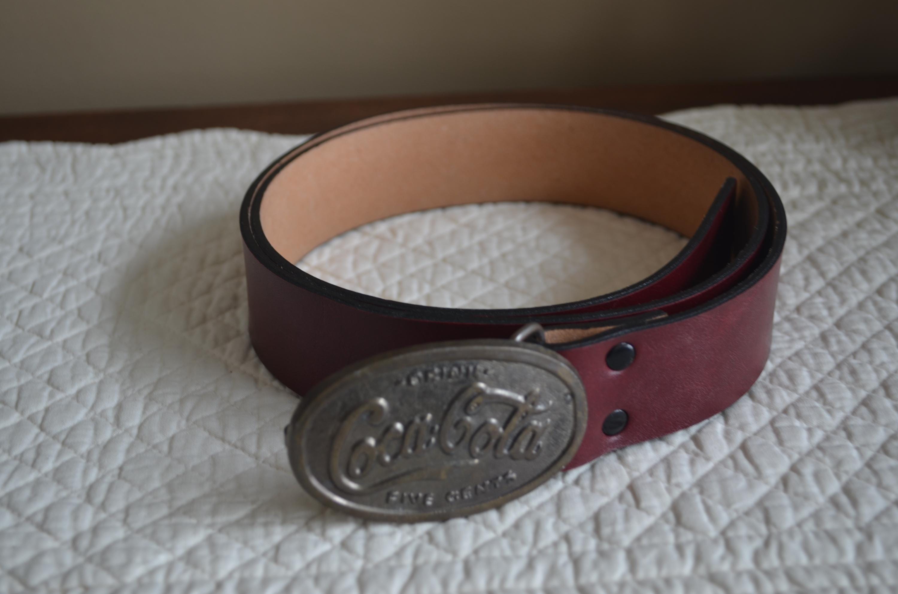 Vintage Classic Coca Cola Oval Brass Belt Buckle and Leather 