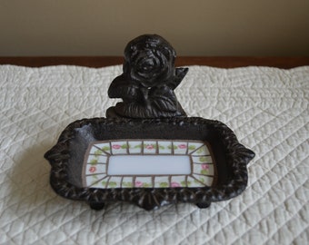 Mosaic Cast Iron Rose Jewelry Tray Soap Dish Business Card Holder With Broken Vintage China Center