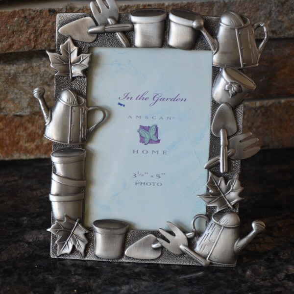 Vintage Pewter Picture Frame 3.5" x 5" Featuring A Garden Theme