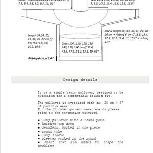 Puede incluir: Diagrama de un jersey de punto con medidas en cent&iacute;metros y pulgadas. Los detalles del dise&ntilde;o incluyen un jersey largo con canes&uacute; redondo, tejido de arriba a abajo, sin costuras y con mangas largas. El texto incluye la palabra "Snug".