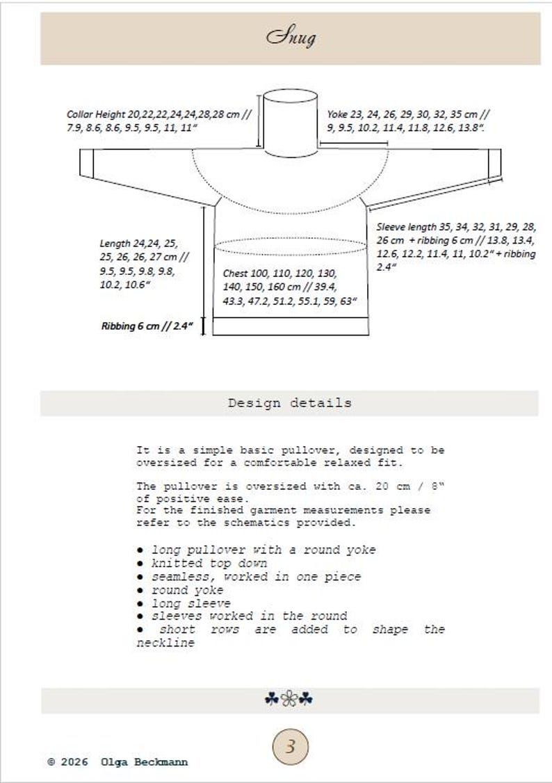 Puede incluir: Diagrama de un jersey de punto con medidas en cent&iacute;metros y pulgadas. Los detalles del dise&ntilde;o incluyen un jersey largo con canes&uacute; redondo, tejido de arriba a abajo, sin costuras y con mangas largas. El texto incluye la palabra "Snug".