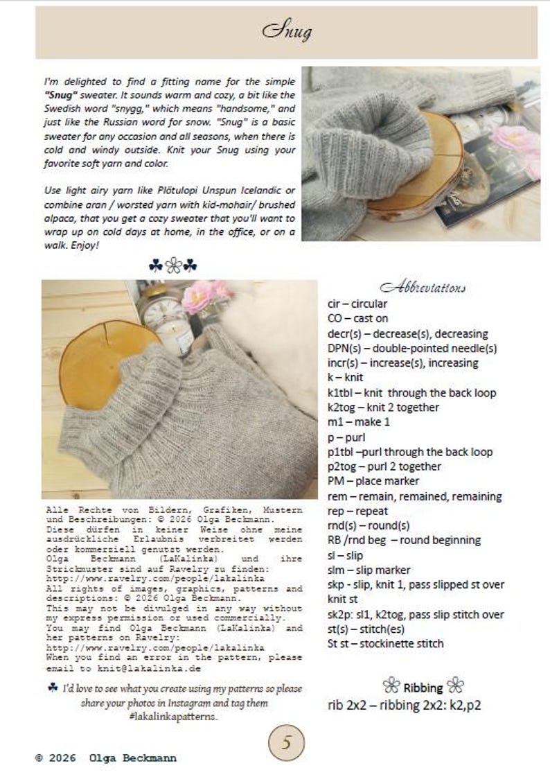 Puede incluir: P&aacute;gina de un libro de patrones de tejido titulado "Snug". La imagen muestra un su&eacute;ter tejido gris y un gorro a juego. El texto describe el patr&oacute;n, sugerencias de hilo y abreviaturas utilizadas.