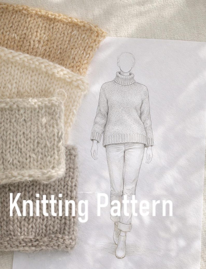 Puede incluir: Un dibujo de una persona con un jersey de cuello alto y vaqueros, junto a tres muestras de tejido de punto en beige, crema y gris. El texto "Knitting Pattern" est&aacute; escrito en blanco.