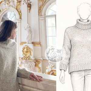 Puede incluir: Una mujer con un jersey de cuello alto gris claro. El jersey tiene un dise&ntilde;o de punto suelto. La imagen tambi&eacute;n incluye un boceto a l&aacute;piz de un jersey similar. El fondo presenta una arquitectura ornamentada con detalles dorados.