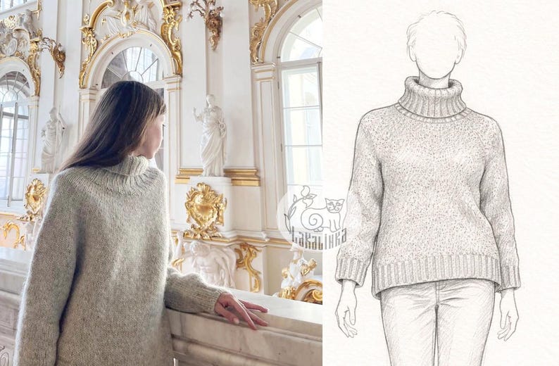 Puede incluir: Una mujer con un jersey de cuello alto gris claro. El jersey tiene un dise&ntilde;o de punto suelto. La imagen tambi&eacute;n incluye un boceto a l&aacute;piz de un jersey similar. El fondo presenta una arquitectura ornamentada con detalles dorados.