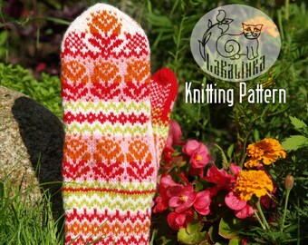 Knitting pattern PDF- Mittens - Women - teens - stranded colorwork - festive ornaments - flowers - English pattern