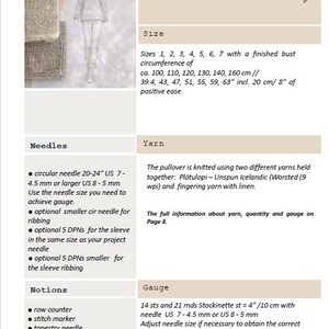 Puede incluir: P&aacute;gina de patr&oacute;n de tejido con la palabra "Snug". Incluye un boceto de un jersey de cuello alto y muestras de hilo. El texto detalla tallas, agujas, hilo, nociones y medidas de calibre.