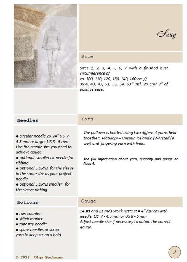 Puede incluir: P&aacute;gina de patr&oacute;n de tejido con la palabra "Snug". Incluye un boceto de un jersey de cuello alto y muestras de hilo. El texto detalla tallas, agujas, hilo, nociones y medidas de calibre.