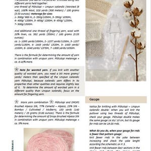 Puede incluir: P&aacute;gina de un patr&oacute;n de tejido titulada "Snug", con instrucciones para un jersey. La imagen incluye detalles del hilo, una gu&iacute;a de calibre y un boceto de la prenda. Tambi&eacute;n se muestra una bola de hilo rosa.