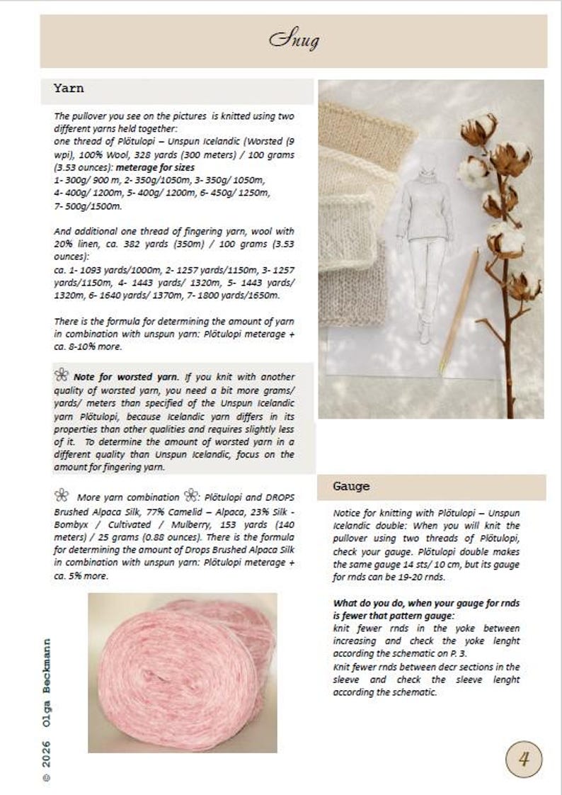 Puede incluir: P&aacute;gina de un patr&oacute;n de tejido titulada "Snug", con instrucciones para un jersey. La imagen incluye detalles del hilo, una gu&iacute;a de calibre y un boceto de la prenda. Tambi&eacute;n se muestra una bola de hilo rosa.