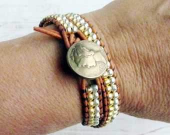 Gold and Silver Double Wrap Bracelet with Coin Button, Mixed Metal Bracelet, Mercury Dime Jewelry