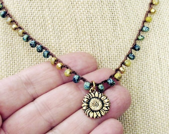 Beaded Necklace with Gold Sunflower Charm, Sunflower Gifts, Boho Crochet Blue and Yellow Sunflower Necklace