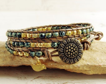 Triple Leather Wrap Sunflower Bracelet for Women, Blue and Yellow Three Times Wrap, Gift for Gardener, Seed Bead Bracelet