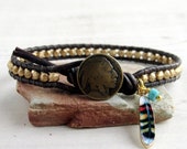 Gold Bead Leather Wrap Bracelet with Indian Head Button and Feather, Native American Style Jewelry, Unisex