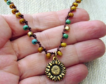 Gold Sunflower Necklace, Boho Crochet Necklace, Beaded Necklace