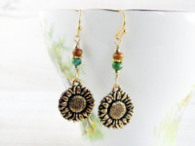 Gold Sunflower Earrings Sunflower Drop Earrings Sunflower Etsy
