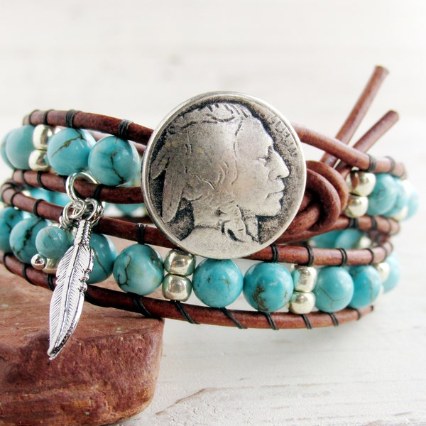 Bracelet double tour turquoise avec Buffalo Nickel, tête d'Indien ou 10 centimes de mercure, bijoux d'inspiration amérindienne, bijoux occidentaux