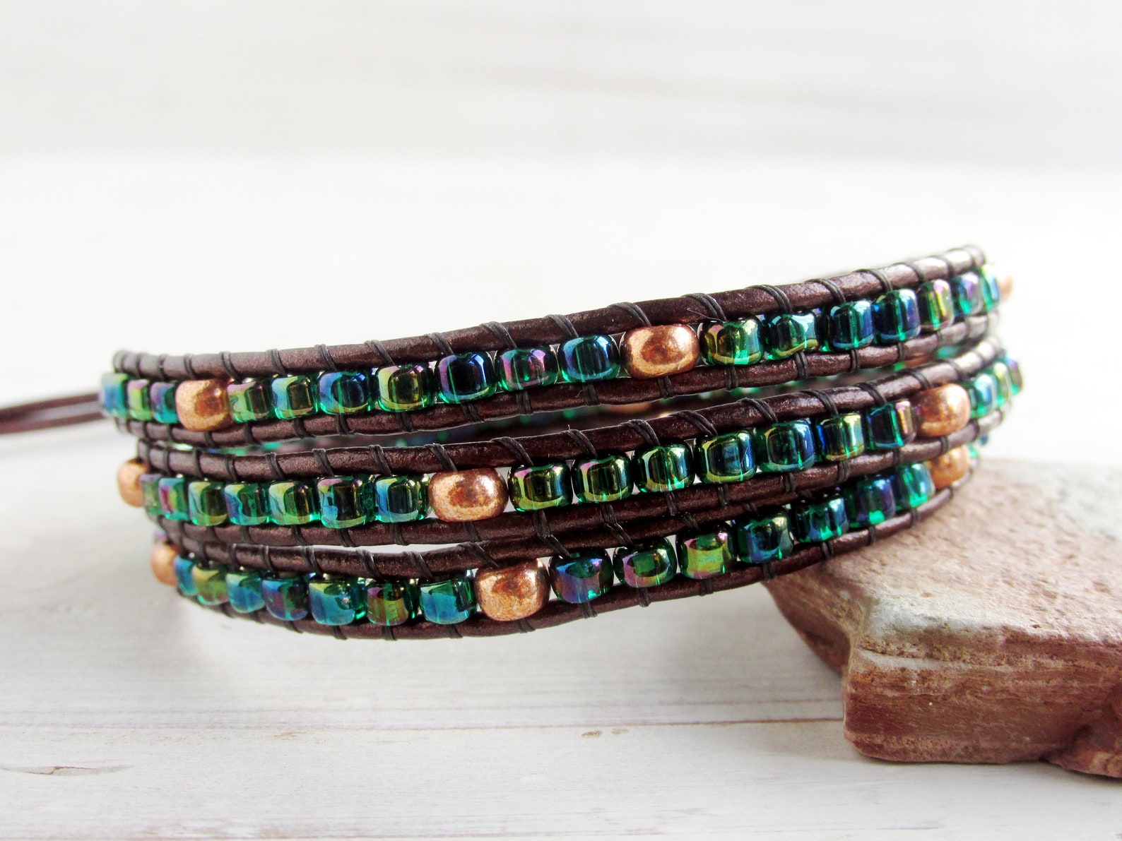 Green Leather Wrap Bracelet with Copper Tree of Life Button Etsy