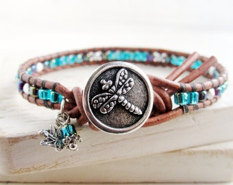 Blue Dragonfly Bracelet, Wrap Bracelet, Dragonfly Jewelry, Dragonfly Gifts, Seed Bead Bracelets